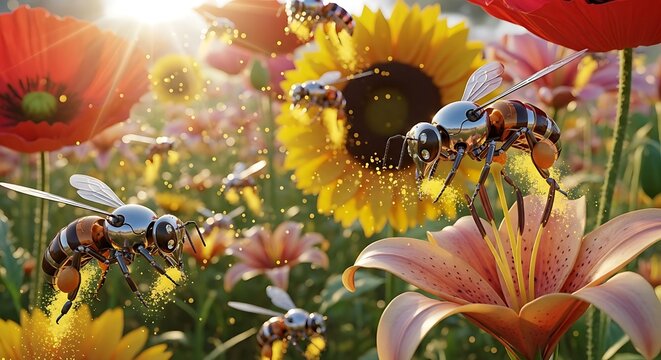 Close-up of chrome robotic bees pollinating large, vibrant sunflowers and poppies in a sunlit meadow. Futuristic nature concept symbolizing biotechnology, automation, and the intersection of nature - Powered by Adobe
