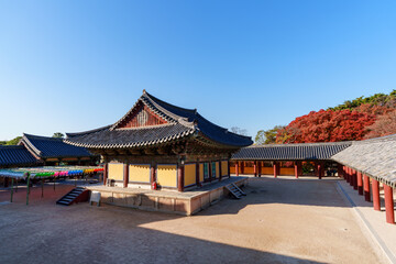 Autumn scenery of Bulguksa Temple in Gyeongju, Korea, with its beautiful red maple trees.