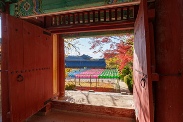 Autumn scenery of Bulguksa Temple in Gyeongju, Korea, with its beautiful red maple trees.