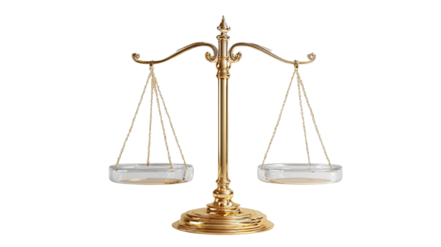 Elegant golden balance scale with clear round weighing pans symbolizing justice fairness equality and measurement precision isolated on white background