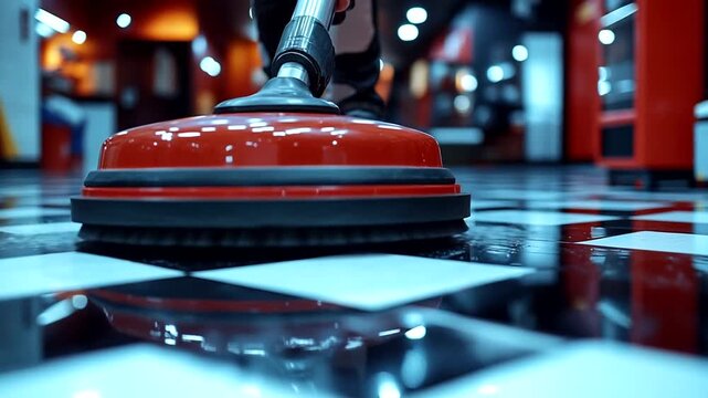 Cleaning a shiny floor in a vibrant diner setting