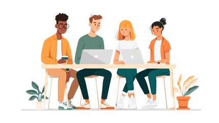 Four people sitting at a table with laptops, discussing work, with plants in the background.