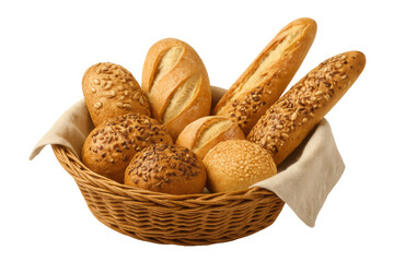 Wicker basket filled with a variety of fresh baked goods, including crusty bread, rolls, and baguettes