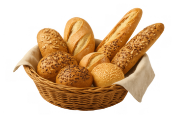 Wicker basket filled with a variety of fresh baked goods, including crusty bread, rolls, and baguettes