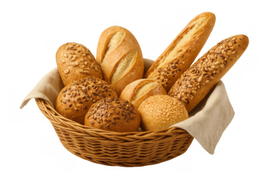 Wicker basket filled with a variety of fresh baked goods, including crusty bread, rolls, and baguettes