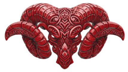 Red ornamental ram skull with intricate carved patterns and curved horns showing bold tribal style artwork isolated on white background