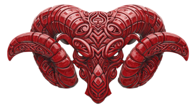 Red ornamental ram skull with intricate carved patterns and curved horns showing bold tribal style artwork isolated on white background