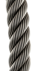 A close-up, detailed view of a thick, twisted metal cable against a white background.