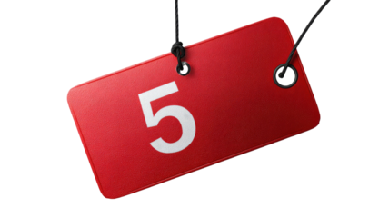 Red textured hanging tag with bold white number five and black string detail in clean minimal layout isolated on white background