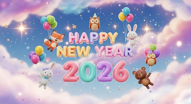 Happy new year 2026 celebration with cute animal characters and balloons