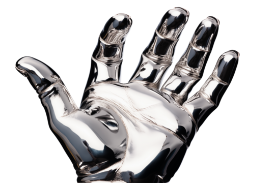 Chrome Robotic Hand: Future Technology & AI Prosthesis on transparent background png