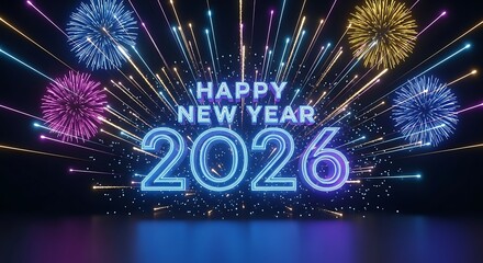 Happy new year 2026 with vibrant fireworks and glowing text celebration