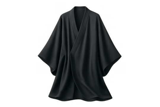Black modern kimono style robe, showing minimalist fashion garment on transparent background