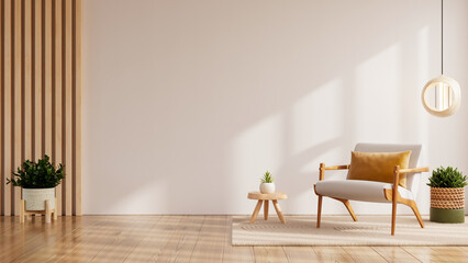 Fototapeta na wymiar Cozy and minimalist modern living room interior design with a comfortable mid-century modern armchair and a small wooden side table on a neutral beige rug- 3D rendering
