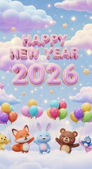 Happy new year 2026 with cute cartoon animals holding vibrant balloons