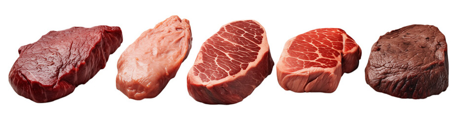 Fototapeta premium Fresh Raw Meat Cuts Assortment: Beef & Pork Varieties for Cooking on transparent background png