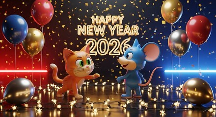 Animated cat and mouse celebrate happy new year 2026 with party decor
