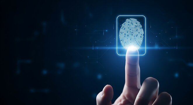 Digital fingerprint scan for secure access authentication and biometric identification technology on a futuristic interface