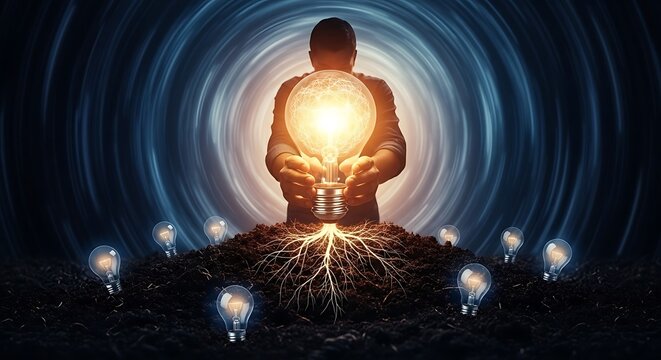 A silhouette holding a giant glowing lightbulb rooted in the soil, symbolizing the growth of a powerful idea, creative inspiration, innovation, and the foundation of knowledge.