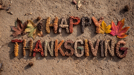 Happy Thanksgiving lettering made from autumn branches and leaves on a dark background. Rustic fall design, warm holiday greeting, seasonal nature theme