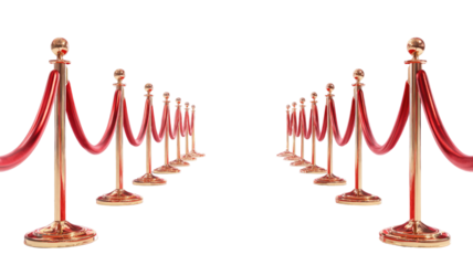 Elegant red carpet entrance with luxurious gold stanchions and velvet ropes creating a glamorous event walkway on white background