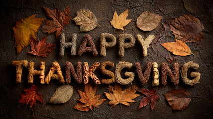Happy Thanksgiving lettering made from autumn branches and leaves on a dark background. Rustic fall design, warm holiday greeting, seasonal nature theme