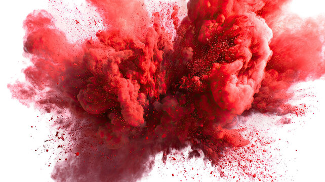 Vibrant red powder explosion captured in dynamic cloud burst with energetic dust particles spreading dramatically on white background