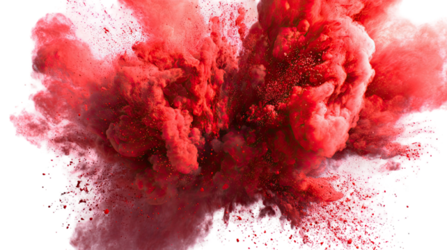 Vibrant red powder explosion captured in dynamic cloud burst with energetic dust particles spreading dramatically on white background