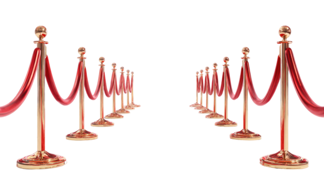 Elegant red carpet entrance with luxurious gold stanchions and velvet ropes creating a glamorous event walkway on white background