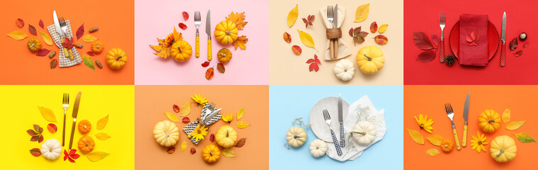 Collage of stylish table settings with autumn leaves and pumpkins on color background, top view