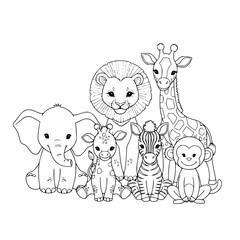 Obraz premium Monochrome Baby Animals Line Art – Elephant, Lion Cub, Giraffe Calf, Zebra Foal, Monkey Illustration