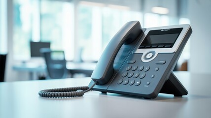 Modern Office Phone: An up-close view of a sleek, modern office phone sitting on a clean desk, symbolizing communication and business connectivity in a contemporary workspace.