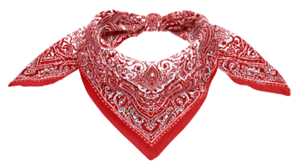 Red paisley bandana folded as triangular neck scarf with detailed white pattern and fabric texture isolated on white background