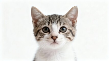 Close-up of a tabby kitten with wide eyes against a white background
