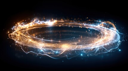 A glowing, ethereal circle of light with a central point of energy, surrounded by swirling, luminous particles and a trail of sparkles, 