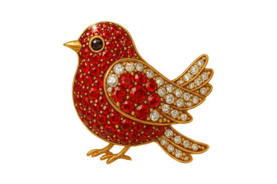 Luxury jeweled bird brooch with red crystals gold metal and sparkling gemstones in elegant festive style isolated on white background