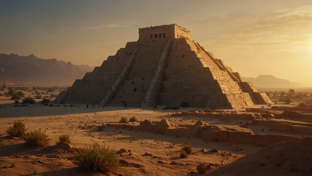 Babylonian ziggurat illuminated by sunse