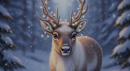 Reindeer with Christmas lights on its antlers.