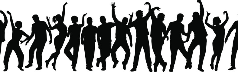 Silhouette dancers posing, expressive movement, black vector people, dance art, body language, rhythm, performance, white background, energetic motion, unity