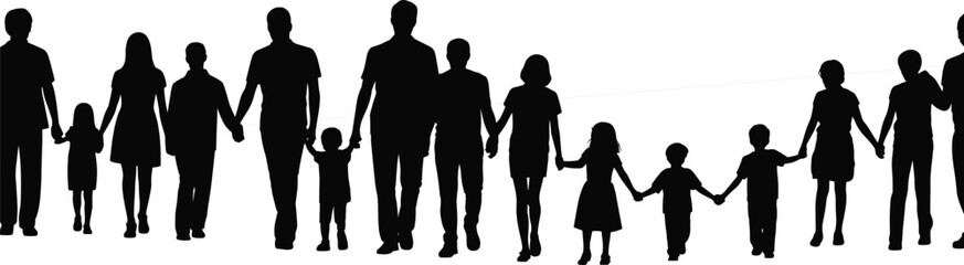 Silhouette group holding hands, unity, community, diversity, togetherness, family bond, people connection, teamwork, support, inclusive design, vector illustration