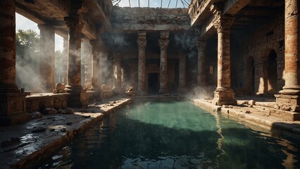 Roman bathhouse ruins with steam rising