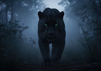 Powerful black panther predator walking in a mysterious dark forest at night