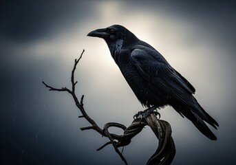 Dramatic black raven perched on a gnarled branch under a dark, stormy, rainy sky.