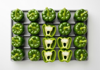 Meticulously arranged fresh green bell peppers, whole and sliced, displayed on a studio tray.