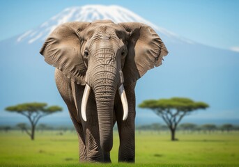 African elephant portrait on savanna grassland with snow capped mount kilimanjaro