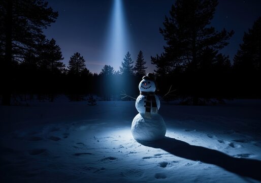 Mysterious snowman under a bright blue spotlight beam in a dark winter night landscape.