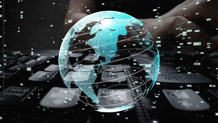 A captivating digital globe represents global connectivity, layered on a keyboard backdrop, showcasing the intersection of technology, data, and communication in today world. Xenic