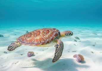Obraz premium Green sea turtle swimming gracefully over white sand in clear turquoise tropical ocean water.