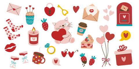 A big Valentine's Day set with romantic symbols of love. Hearts, chocolate covered strawberries, champagne, balloons, gifts, stuffed animal, cat. Cute love stickers set for daily planner and diary. 