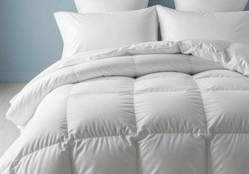 Luxurious fluffy white down comforter and pillows on a perfectly made bed